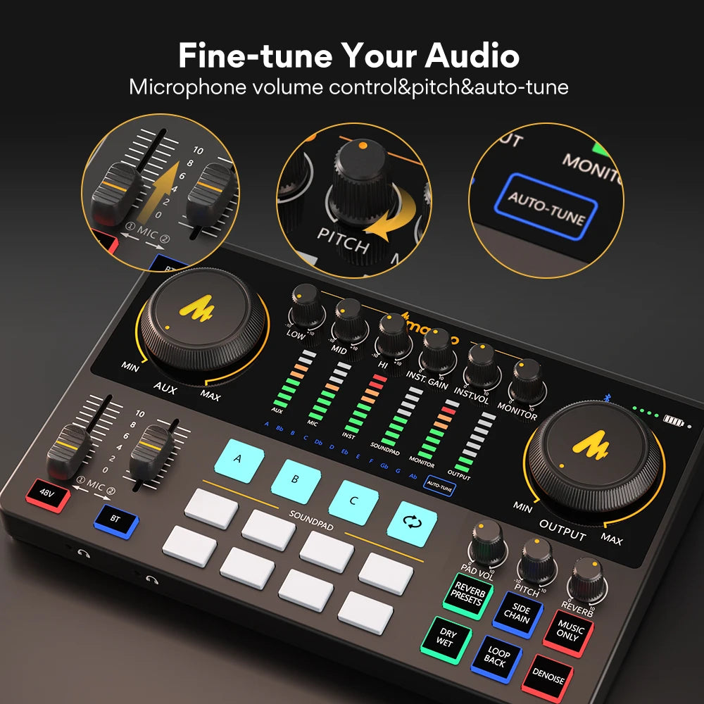 AME2 Audio Interface™ Sound Card DJ Mixer All in One Portable Podcast Studio for Recording,Live Streaming,Youtube,Guitar,Pc