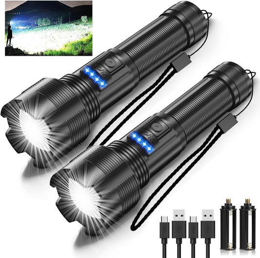 Rechargeable 10000 High Lumens LED Flashlights 2 Pack, Super Bright Flashlight with 5 Modes, Waterproof, Zoomable, Powerful Handheld Flash Light for Home Camping Emergency