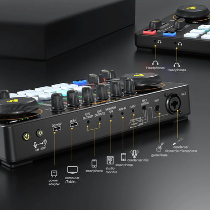 AME2 Audio Interface™ Sound Card DJ Mixer All in One Portable Podcast Studio for Recording,Live Streaming,Youtube,Guitar,Pc