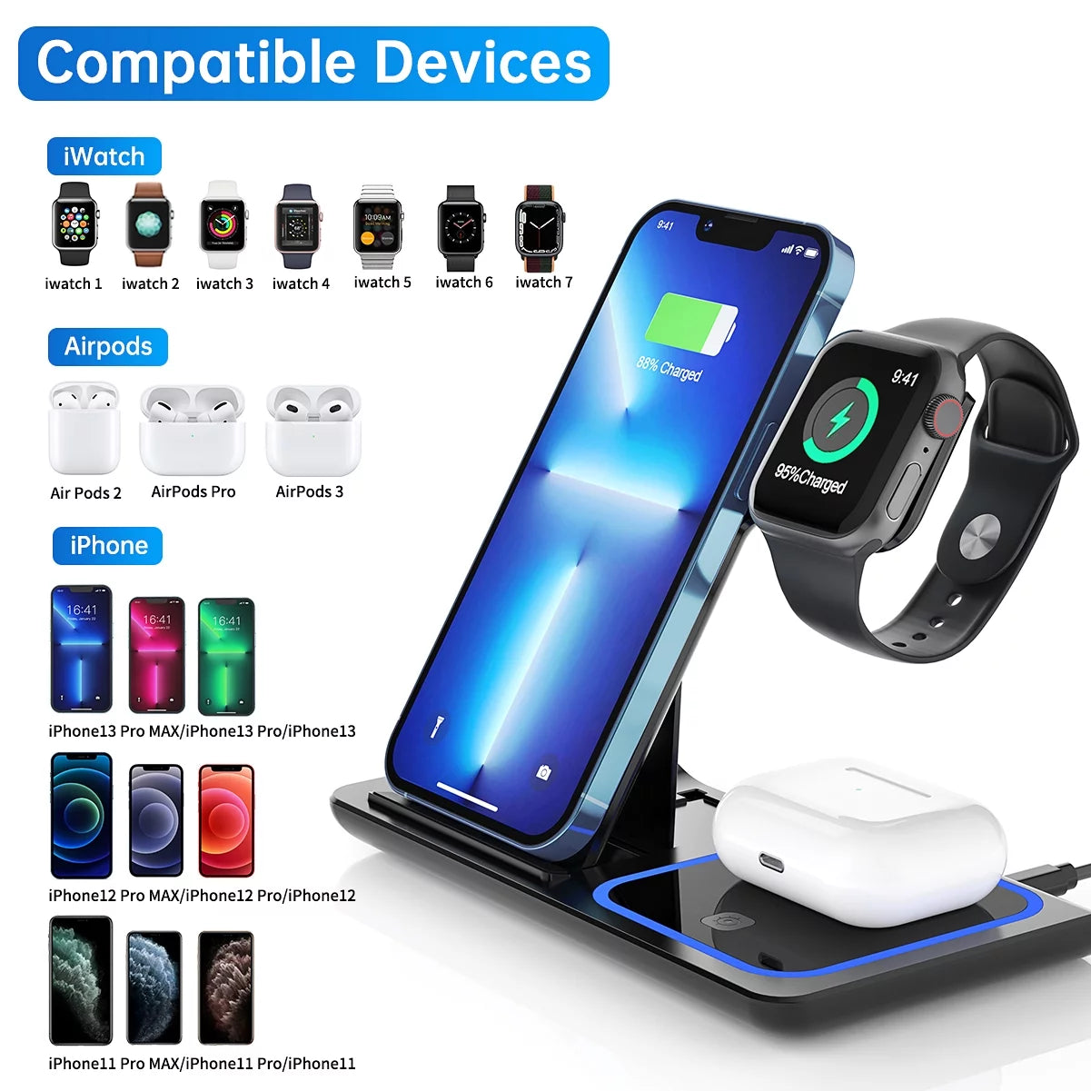 3-in-1 Wireless Iphone Charging Station For iPhone 11/12/13/14/15/16/Pro Max// And Iwatch Series SE 3/4/5/6/7/8 t n Airpod Pro's